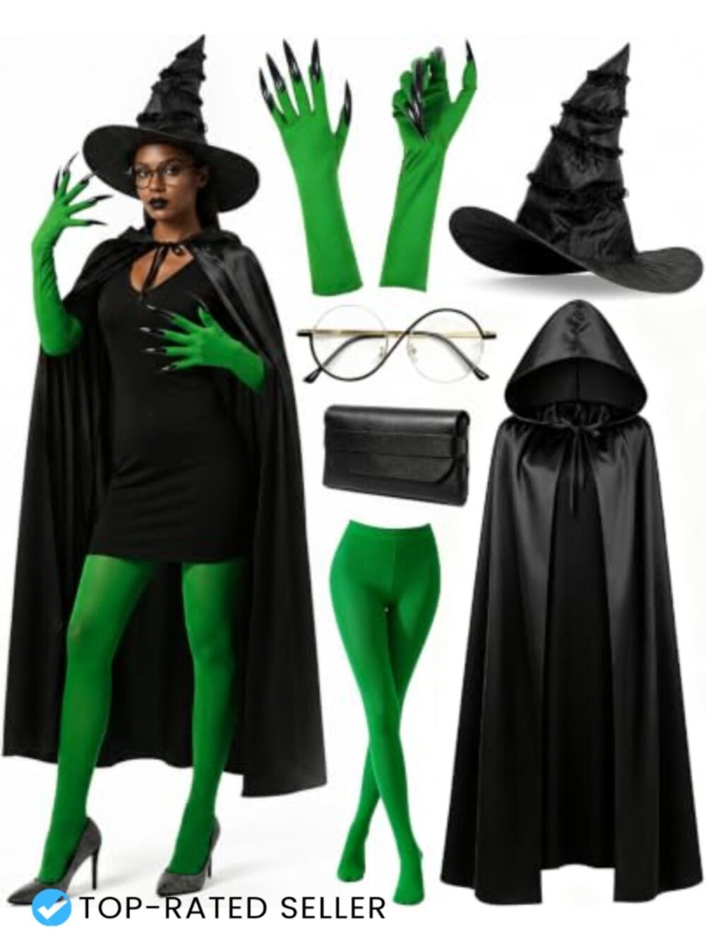 6Pc Witch Costume Set for Women Hooded Cape Hat Gloves Tights Halloween Cosplay